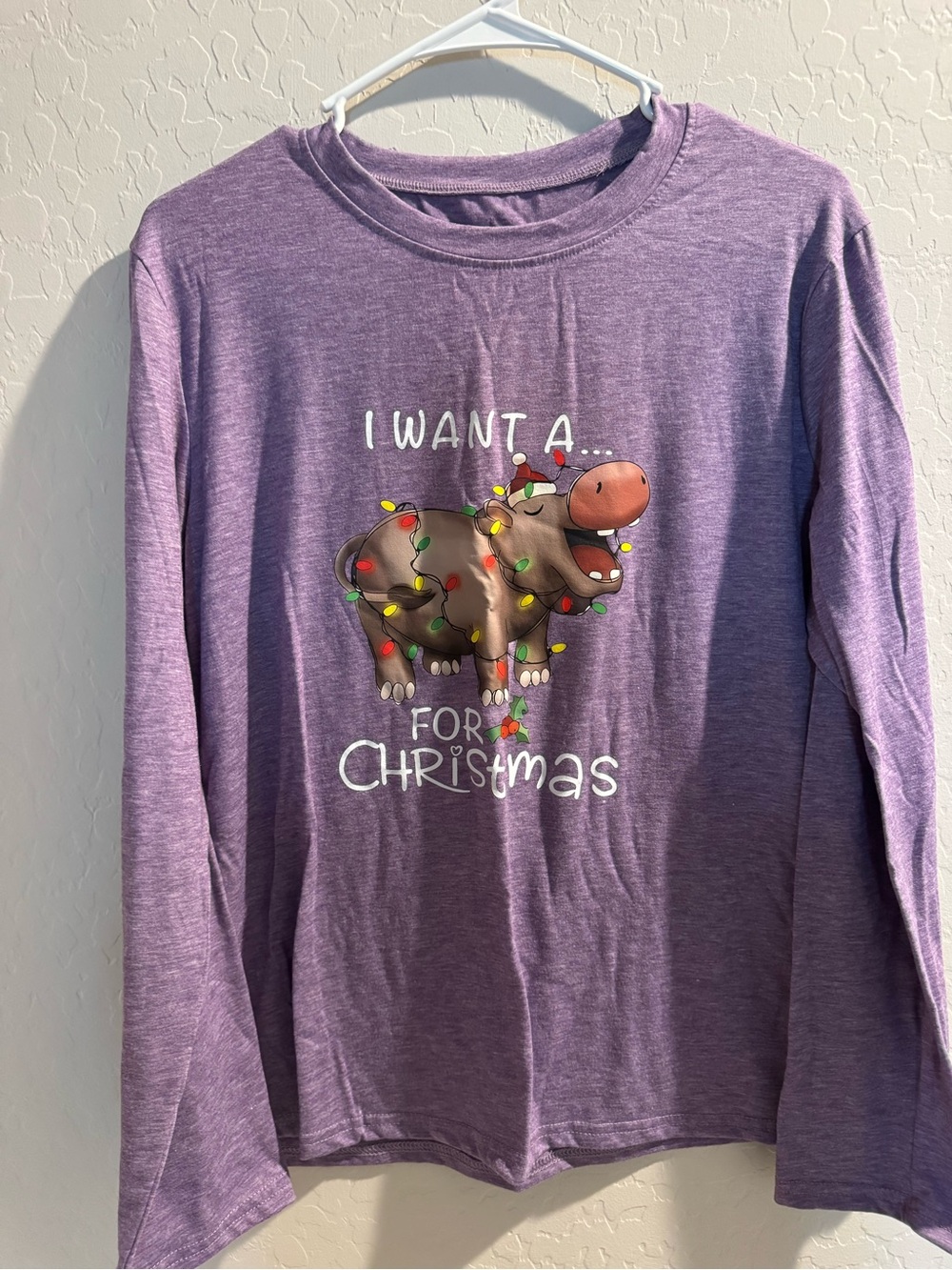 Kids Purple Long-Sleeve Christmas Hippo Tee